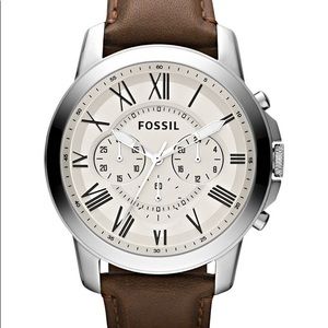 FOSSIL “Grant” watch. Off white face, brown leather strap